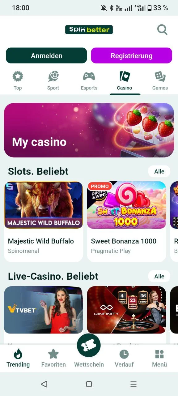 Casino-Bereich der SpinBetter App mit Slots und Live-Casino