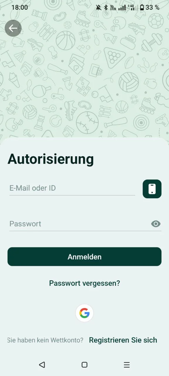 Login Screen der SpinBetter App mit Autorisierung