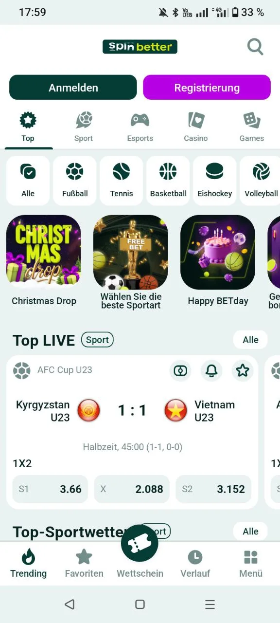 SpinBetter App Startseite mit Bundesliga Live Wetten und Casino Bereichen