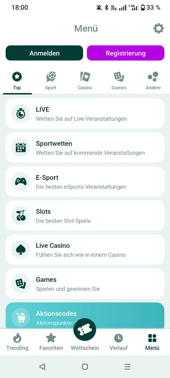 SpinBetter App Hauptmenü mit Ein Klick Registrierung und Social Login Optionen