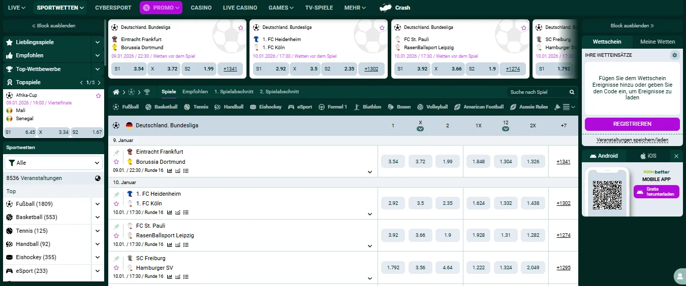 Sportwetten-Interface bei SpinBetter mit Bundesliga-Spielen