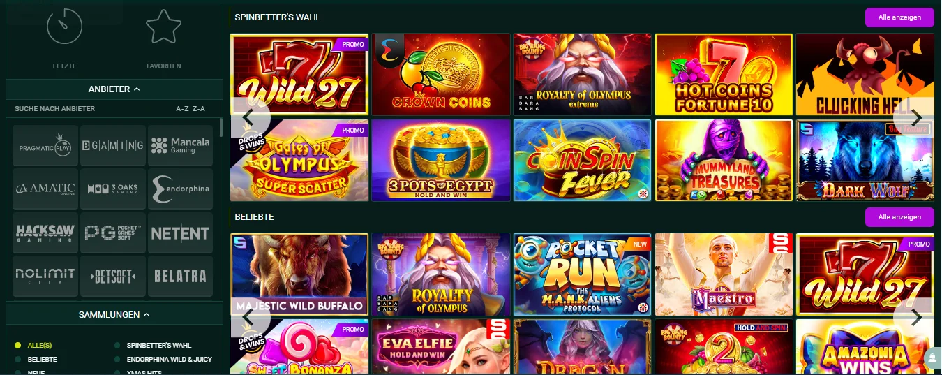 Spielebibliothek des SpinBetter Casinos mit Slots und Anbieterauswahl