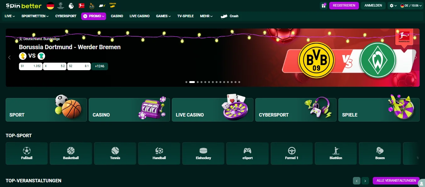 Startseite von SpinBetter mit Bundesliga-Wetten und Casino-Bereichen