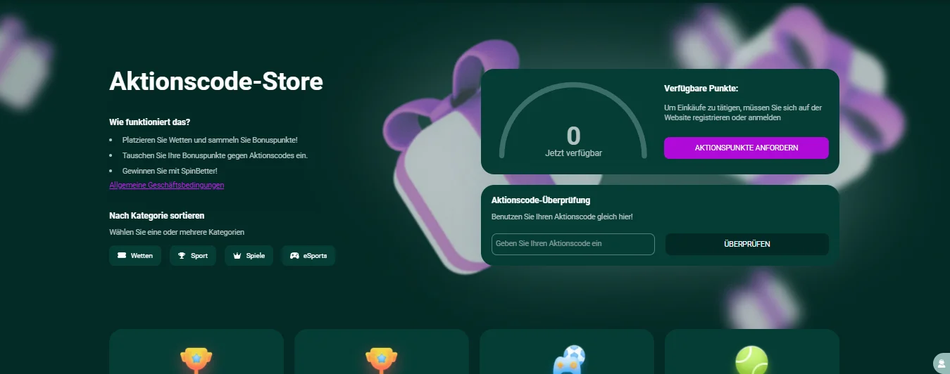 SpinBetter Aktionscode-Store mit Überprüfungsfeld für Codes