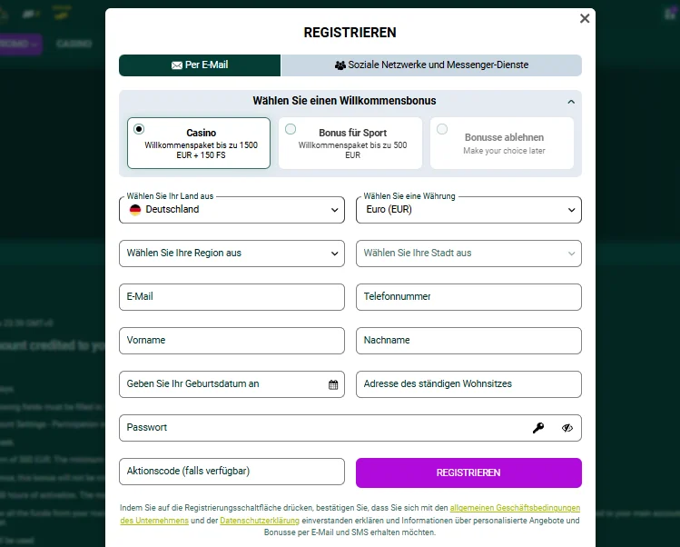 SpinBetter Registrierungsformular mit Feld Aktionscode
