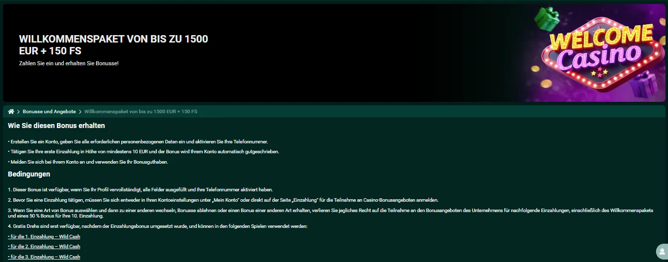SpinBetter Willkommenspaket bis 1500 Euro plus 150 Freispiele Detailseite